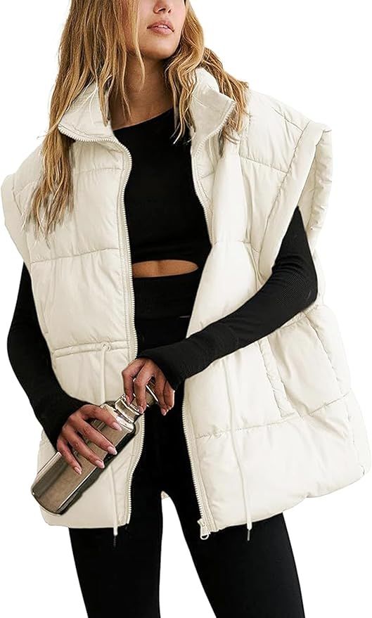 Hooever Women's Puff Vest Winter Drawstring Stand Collar Full Zip Sleeveless Padded Gilet | Amazon (US)