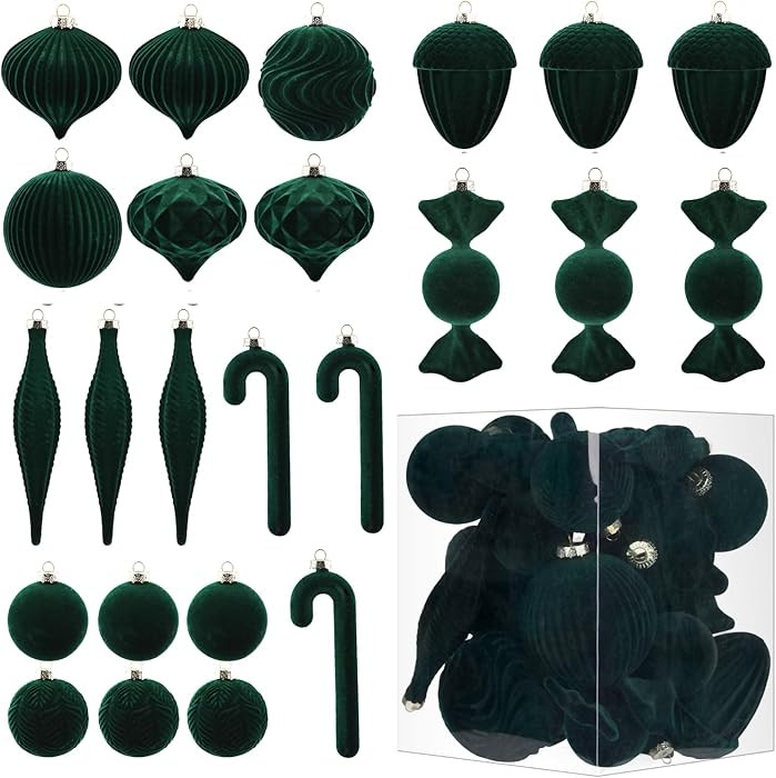 Velvet Ornaments for Christmas Tree Decorations - Dark Green Flocked Christmas Ornament Set for W... | Amazon (US)