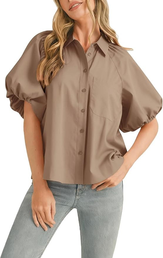 Women's Striped Button Down Shirt Puff Sleeve Collared V Neck Loose Casual Dressy Blouse Top | Amazon (US)