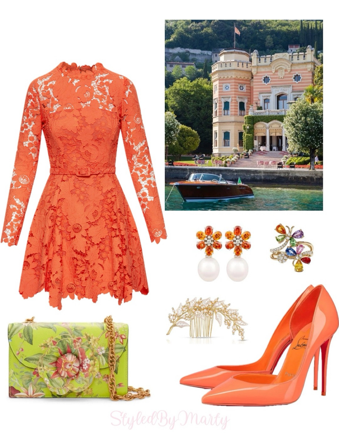 Orange lace mini dress, lace long sleeve dress, wedding guest dress, wedding guest look, formalwear, elegant dress, elegant outfit, green flower bag, designer bag, pearl crystal hair clip 

#LTKItBag #LTKWedding #LTKStyleTip