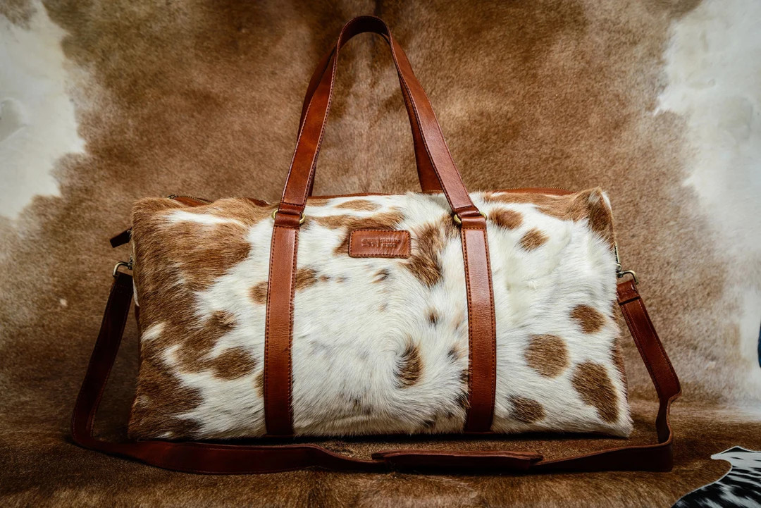 Genuine Leather Duffel Bag Large Travel Bag Cow Hide Weekend Bag Overnight Bag in Brown & White | Etsy (US)