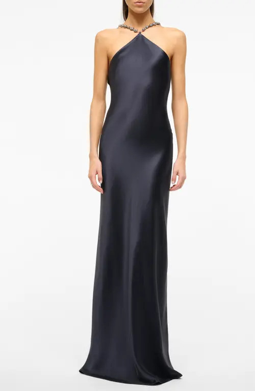 STAUD Cadence Beaded Sleeveless Satin Maxi Dress in Navy at Nordstrom, Size 14 | Nordstrom