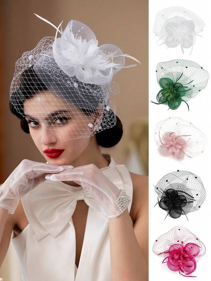 1pc Fascinators Hat For Women Tea Party Headband Wedding Cocktail Flower Mesh Feathers Hair Clip | SHEIN