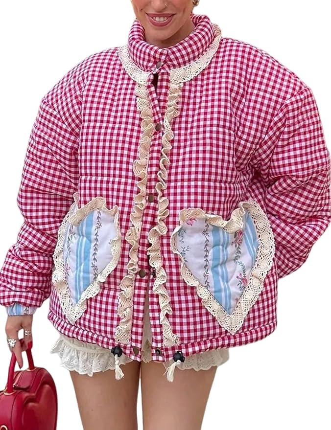 Yimoon Womens Cropped Quilted Jacket Plaid Gingham Print Puffer Coat Snap Button Short Padded Jac... | Amazon (US)