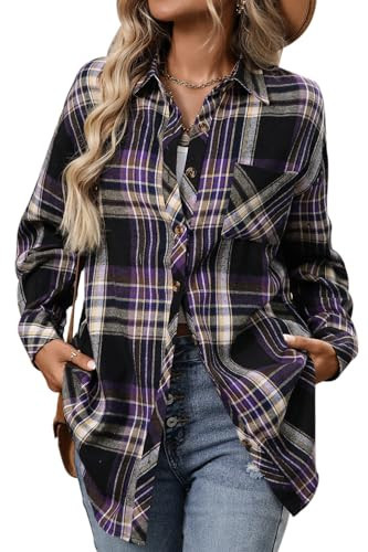 CHYRII Womens Oversized Flannel Shirts Button Down Long Sleeve Plaid Shirt Business Casual Blouse Top Purple M | Amazon (US)