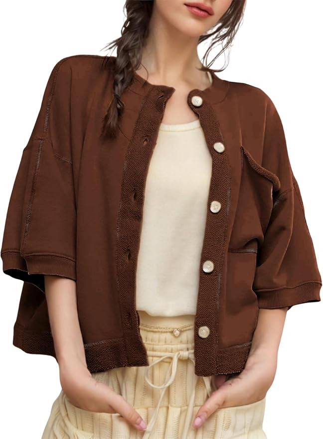 QIBABU Womens Button Down Cardigan Casual Open Front 3/4 Sleeve Crewneck Sweatshirt Tops | Amazon (US)