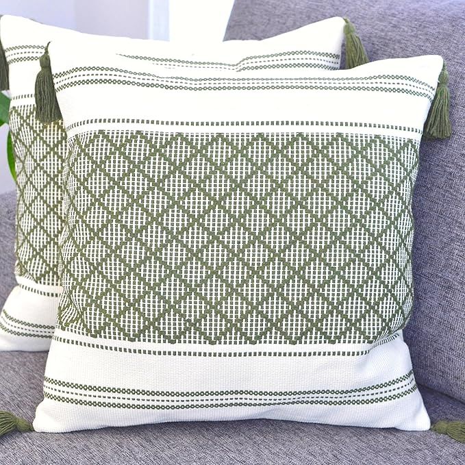 16x16 inch Boho Pillow Covers Indoor/Outdoor Olive Green - Set of 2 / Decorative Checkered Geomet... | Amazon (US)