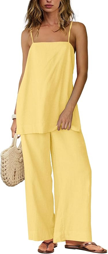 Yanekop Linen Sets for Women 2 Piece Pants Summer Outfits Matching Lounge Sets Spaghetti Strap Ta... | Amazon (US)