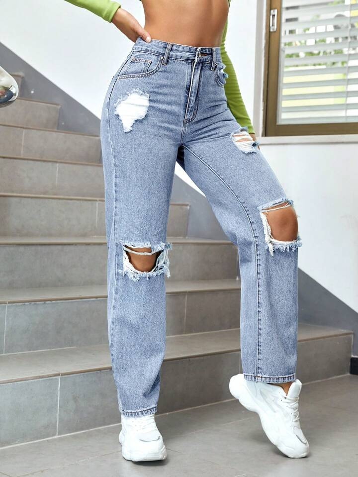 SHEIN ICON Casual Washed Distressed Ripped Skinny Jeans | SHEIN