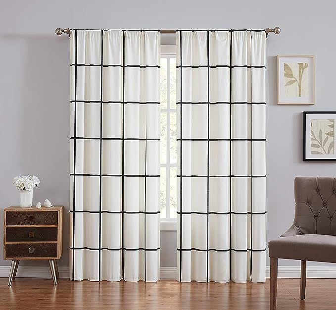 Truly Soft Everyday Kurt White Stripe Windowpane, Window Curtain, Ivory/Black | Amazon (US)