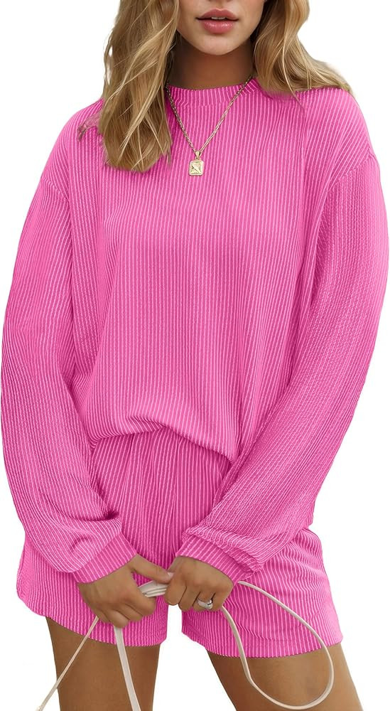 Ekouaer 2 Pieces Lounge Set for Women Long Sleeve Pajamas Top and Shorts Matching Sets Outfits wi... | Amazon (US)