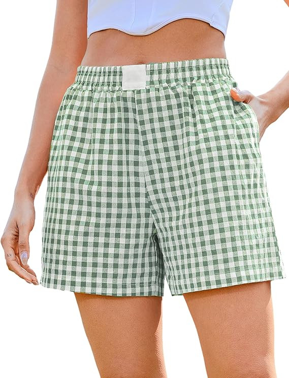 Marvmys Womens Boxer Shorts Cotton Plaid Gingham Shorts Summer Elastic Waist Pajama Buttoms with ... | Amazon (US)
