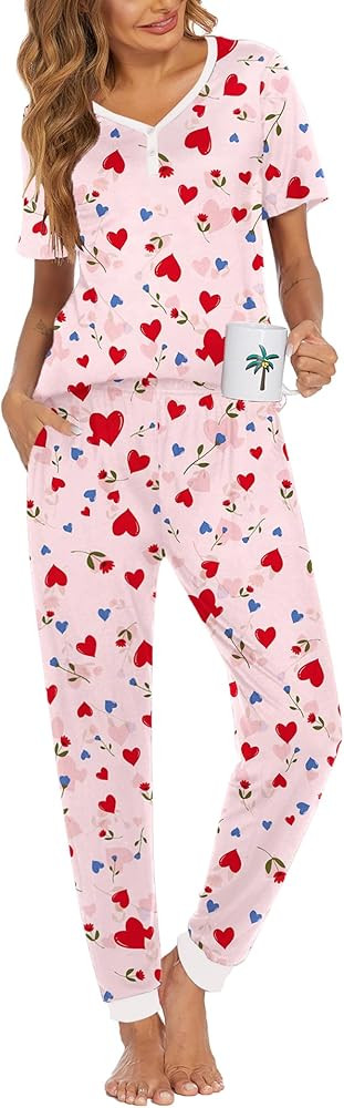 Ekouaer Pajamas for Women Set 2 Piece Lounge Set Short Sleeve Pjs Joggers Long Pants Sleepwear wi... | Amazon (US)
