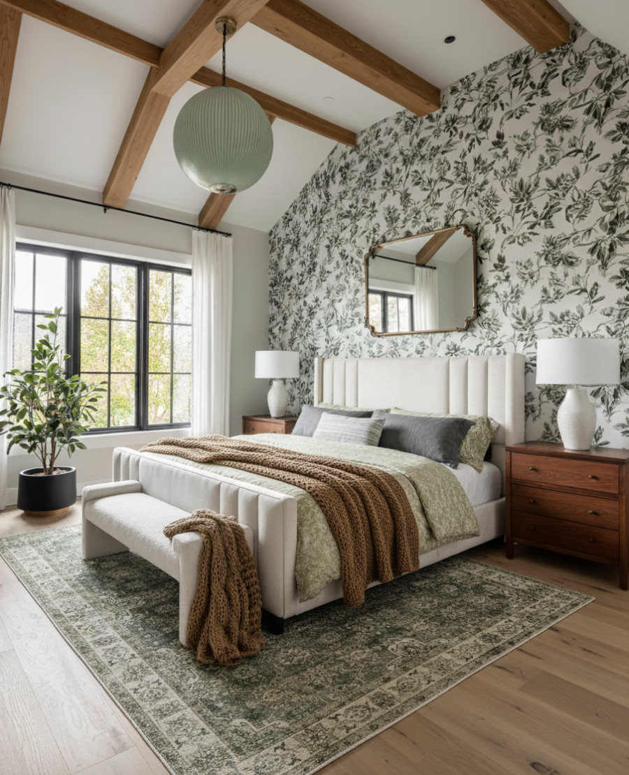 A charming, layered bedroom full of cozy textures and warm natural tones. The botanical wallpaper sets the tone with deep green leafy patterns on an ivory base, creating a soft, organic backdrop that feels both fresh and elegant. The channel tufted cream bed adds a refined touch, its warm ivory upholstery contrasting beautifully with the richer tones around it.

The bedding brings gentle variation: a sage green quilt with a subtle pattern, paired with gray and charcoal accent pillows that add depth without overpowering the palette. Draped across the bed, the chunky knit throw in warm caramel brings in an earthy warmth and ties the space together.

Anchoring the room is a vintage inspired area rug in muted green and beige, adding softness underfoot and echoing the natural tones of the wallpaper. At the foot of the bed, the ivory upholstered bench continues the light, airy feel of the textiles.

On each side, the warm wood nightstands add richness and contrast, topped with textured white ceramic lamps that keep the look clean and balanced. The large arched mirror with a warm brass frame above the bed reflects the room’s natural light and the greenery outside.

Overhead, the soft green ribbed glass pendant adds a sculptural moment that beautifully complements the leafy pattern on the walls. A potted tree in a matte black planter brings height and an additional touch of nature.

✨ Shop the look:
Botanical green wallpaper | Channel-tufted cream bed | Sage patterned quilt | Gray accent pillows | Caramel chunky knit throw | Green vintage rug | Ivory upholstered bench | Warm wood nightstands | White ceramic table lamps | Brass framed arch mirror | Green ribbed pendant light | Matte black planter with indoor tree 

Black Friday 

 #LTKStyleTip

#LTKHome #LTKCyberWeek #LTKSaleAlert