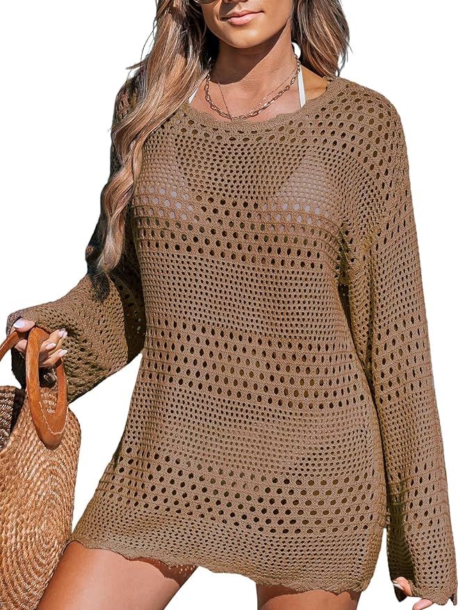 CUPSHE Women's Swimsuit Cover Up Crochet Bathing Suit Mesh Swimwear Knit Pullover Beach Dress | Amazon (US)