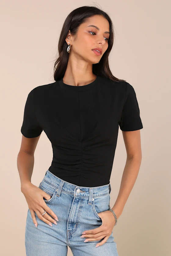 Simply a Vibe Black Ruched Short Sleeve Crew Neck Top | Lulus