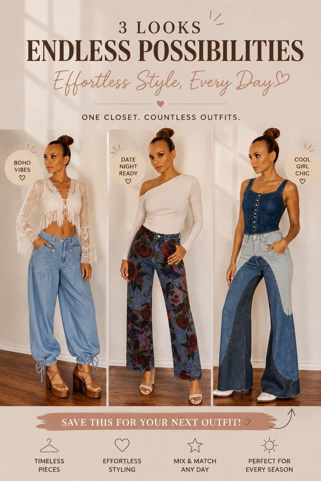 3 looks, endless outfit possibilities 🤍✨
From boho denim to statement jeans and elevated everyday pieces… these are the styles making me excited to get dressed lately. Which look is your favorite? 💫

#LTKStyle #FashionFinds #EffortlessStyle #DenimLooks #EverydayChic #NeutralStyle #BohoStyle #StreetStyle #OOTD #StyleInspo #FashionOver40 #LTKFashion

#LTKootd #LTKSaleAlert #LTKOver40