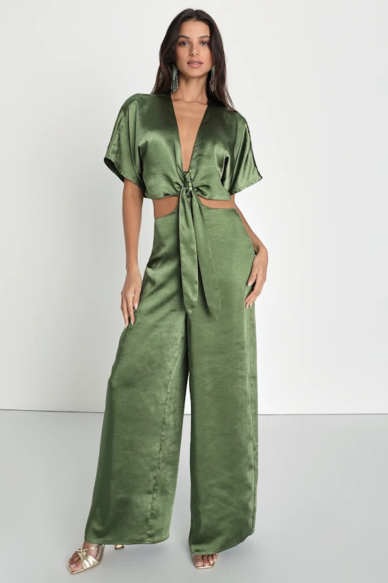 Flirt For Fun Olive Green Tie-Front Two-Piece Wide-Leg Jumpsuit | Lulus (US)