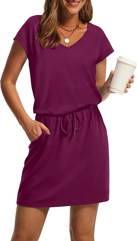 OFEEFAN Summer Dresses for Women 2026 V Neck T Shirt Casual Mini Dresses Tie Waist Sundresses wit... | Amazon (US)
