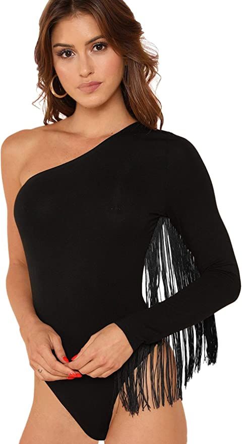 Amazon.com: Verdusa Women's Fringe Trim One Shoulder Long Sleeve Thong Bodysuit Top Black S : Clo... | Amazon (US)