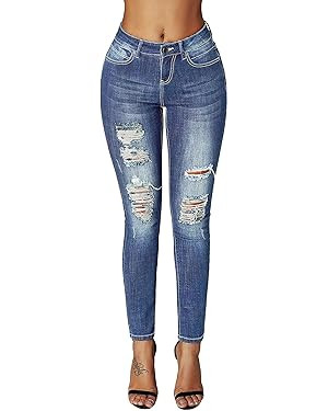 roswear Women's Essentials Ripped Mid Rise Destroyed Skinny Jeans | Amazon (US)
