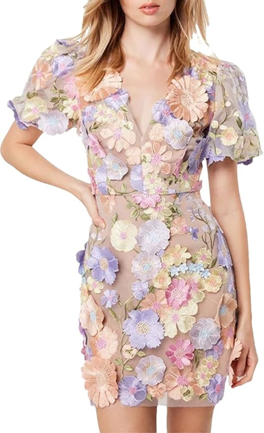 Women's 3D Floral Embroidery Dress Vneck puff sleeve short dress Sheer Mesh Lace Bodycon Party Co... | Amazon (US)