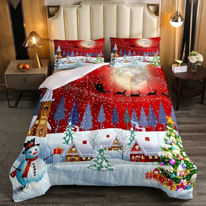 Merry Christmas Bedding Set Full,Black Santa Claus Down Comforter for Kids Child,Snowflake Snowma... | Amazon (US)