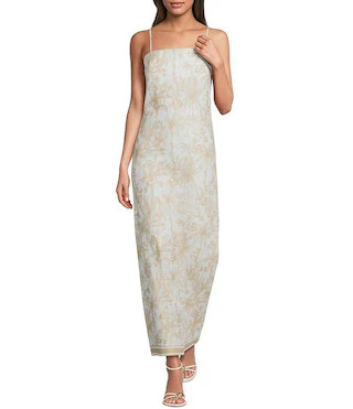 Toile Print Linen Sleeveless Spaghetti Strap Column Maxi Dress | Dillard's