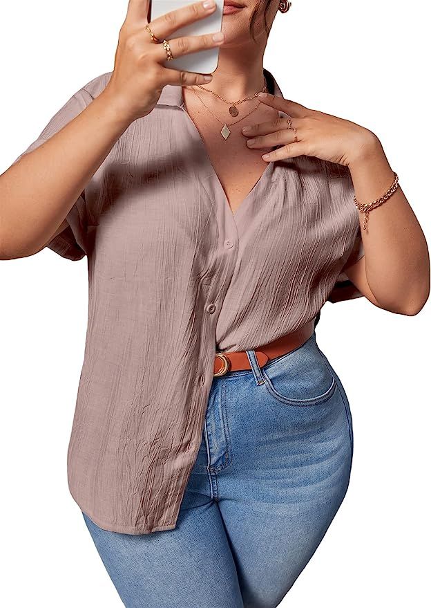 MakeMeChic Women's Plus Size Casual Solid Short Sleeve V Neck Button Down Shirt Blouse | Amazon (US)