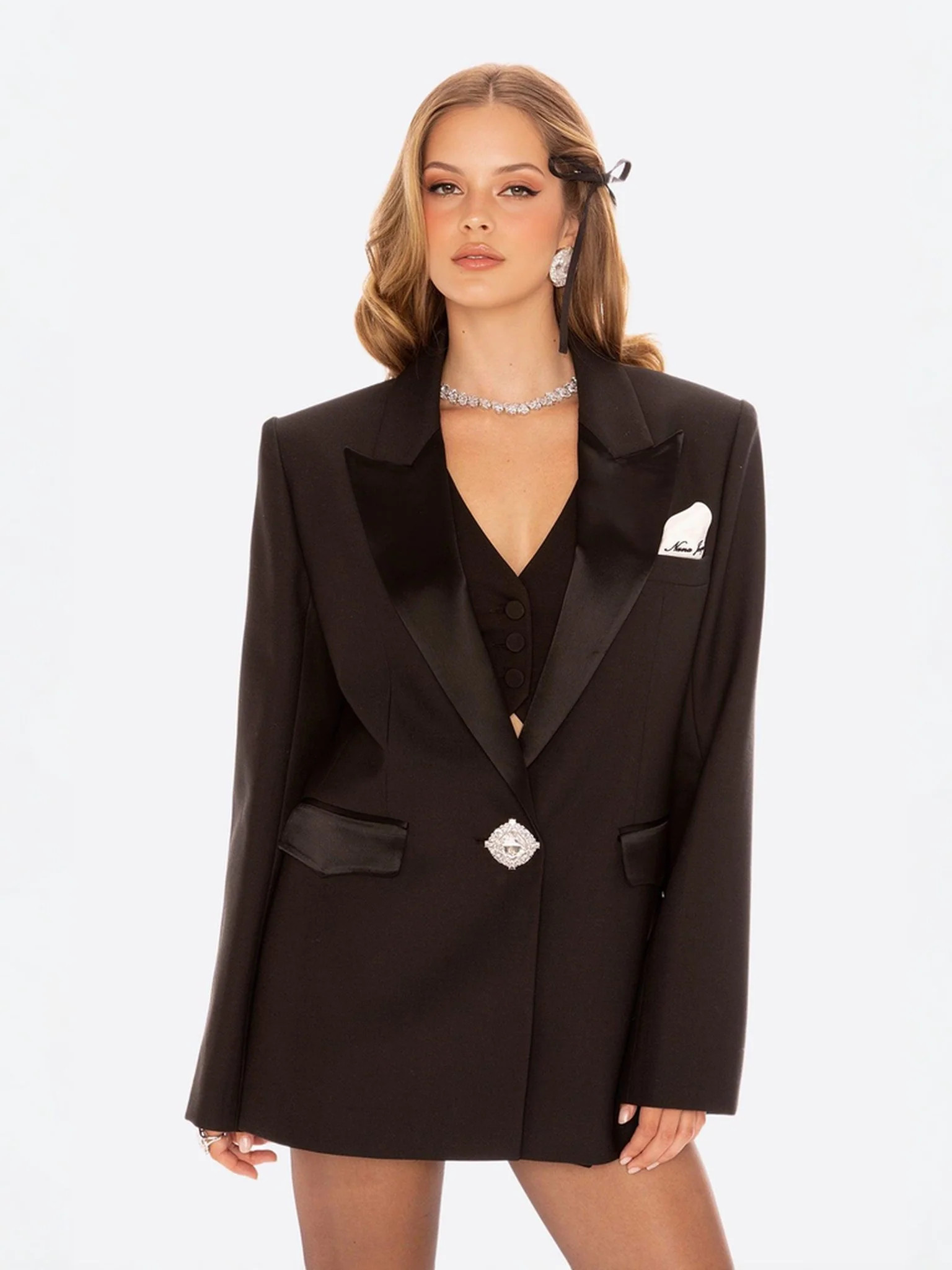 Sabine Blazer (Black) | Oversized Black Blazer with Zircon Buckle | Nana Jacqueline