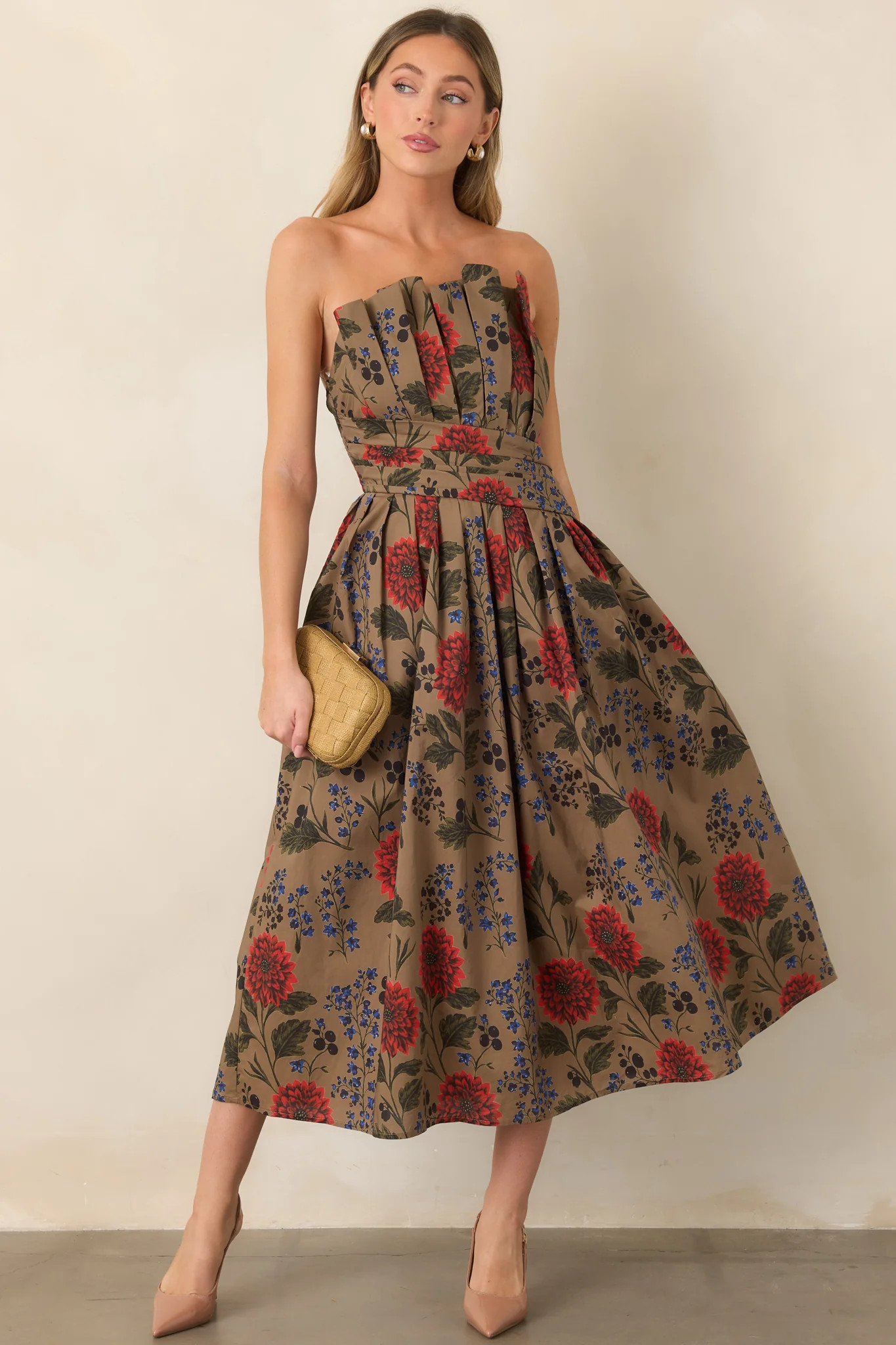A Reason to Stay Mocha Brown Multi Floral Cotton Strapless Midi Dress | Red Dress