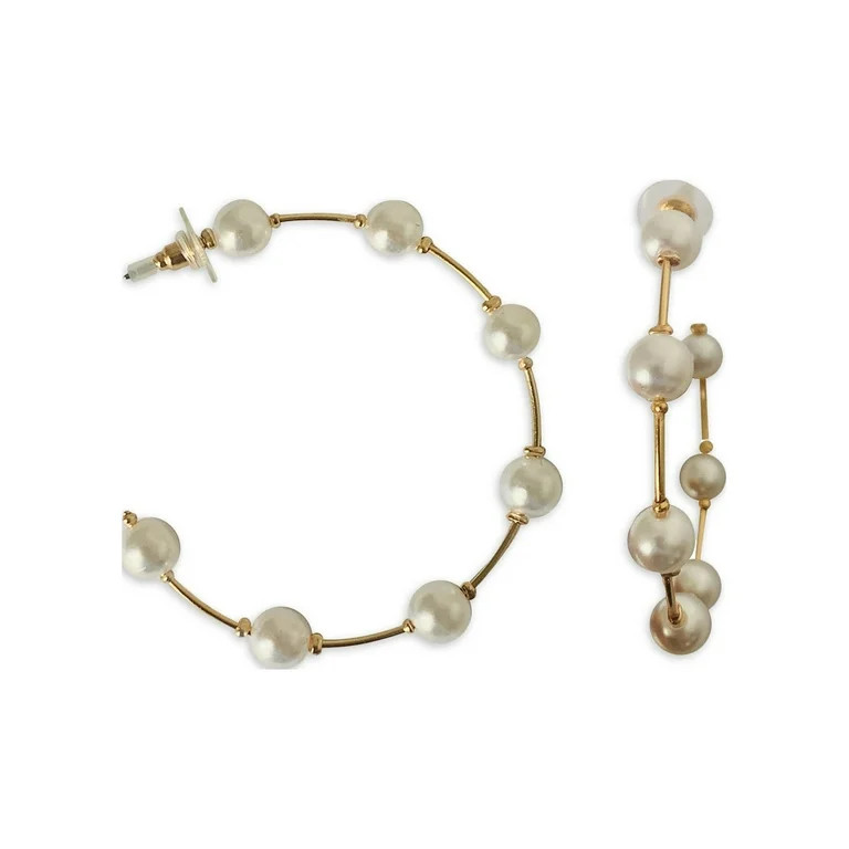 No Boundaries Gold and Pearl C Hoop Earrings - Walmart.com | Walmart (US)