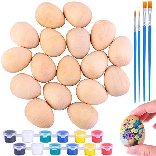 ADXCO 16 Pieces Wooden Eggs Unfinished Wooden Fake Eggs Mini Unpainted Easter Craft Eggs with Brushe | Amazon (US)