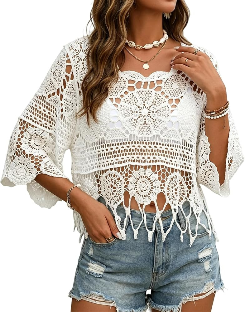 Women's Plain Fringe Trim Cut Out Sheer Cover Up, Boho Scallop Trim 3/4 Sleeve Round Neck Cover U... | Amazon (US)