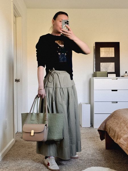 It’s nice and warm but still a lil chilly in the morning so I love throwing on my favorite Polo Bear (Apollo Ralph Lauren men’s section) sweater on top of a t-shirt. 
Wearing & Other Stories full midi skirt (linked as is and similar styles in case it’s sold out) + Golden Goose Ball star sneaker in strawberry red + Bottega Veneta Cabat tote in travertine. I love having my essentials (wallet, keys and lipstick) well organized and close by especially when I am planning to drive around a lot so I put them in a separate smaller bag like this Sézane Milo bag in taupe. 

#LTKItBag #LTKWorkwear #LTKSeasonal