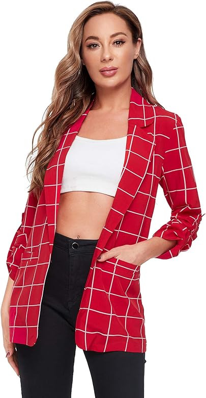 Milumia Women's Open Front Blazer Casual Lightweight Plaid Roll Up Sleeve Jacket Shirt | Amazon (US)