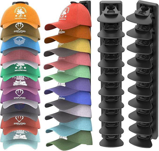 Hat Organizer for Baseball Caps Hold Up to 40 Hats, 2 Pack Hat Rack for Wall, Strong Adhesive Hat... | Amazon (US)