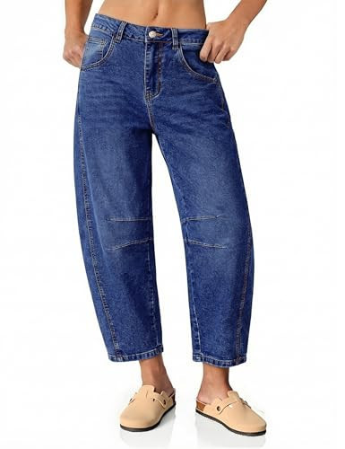 Vetinee High Rise Barrel Relaxed Fit Barrel Jeans for Women 26 Inseam Womens High Waisted Womens Jeans Size 14 Classic Blue Large | Amazon (US)