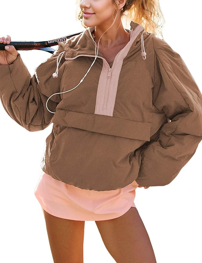 Womens Crew Neck Pullover Puffer Long Sleeve Loose Jacket Half Zip Hooded Coat with Drawstring | Amazon (US)