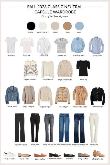 My Classic Neutral Capsule Wardrobe for Fall 2023 🍁 I included classic foundation pieces with a bit of French Minimalist style.  The colors are black, white/ivory, flax, beige, tan and blue.  

#LTKstyletip #LTKmidsize #LTKSeasonal