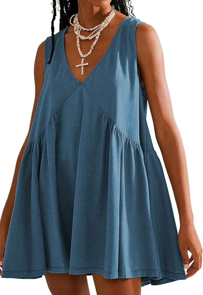 Sleeveless Mini Dress for Women 2026 Summer Casual V Neck Sundress Loose Babydoll Dress with Pock... | Amazon (US)
