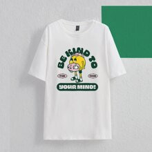 Artist Slogan & Cartoon Graphic Drop Shoulder Oversized Tee BE KIND TO YOUR MIND IT'S COOL TO BE KIND,Women Clothes,For Summer, 100% Cotton | SHEIN