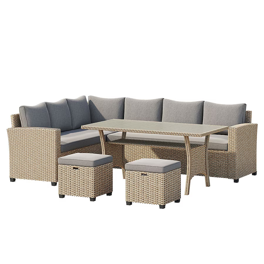 Octans Serene Harbor 5 -Piece Tan Wicker Patio Dining Set Resin Rectangle Table with 2 Gray Cushi... | Lowe's