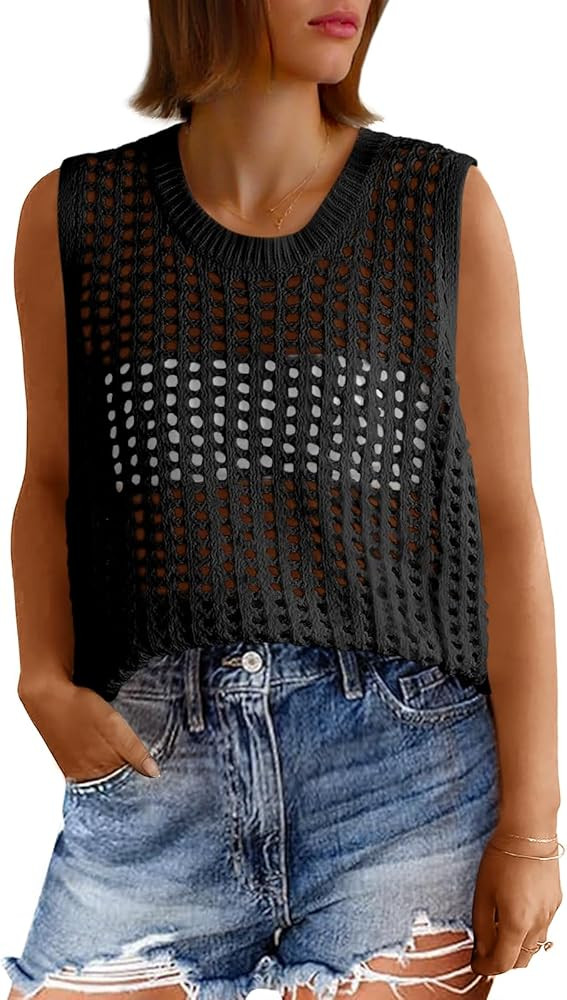Fisoew Womens Summer Crochet Tank Tops Sleeveless Scoop Neck Loose Knit Sweater Vest Boho Hollow ... | Amazon (US)
