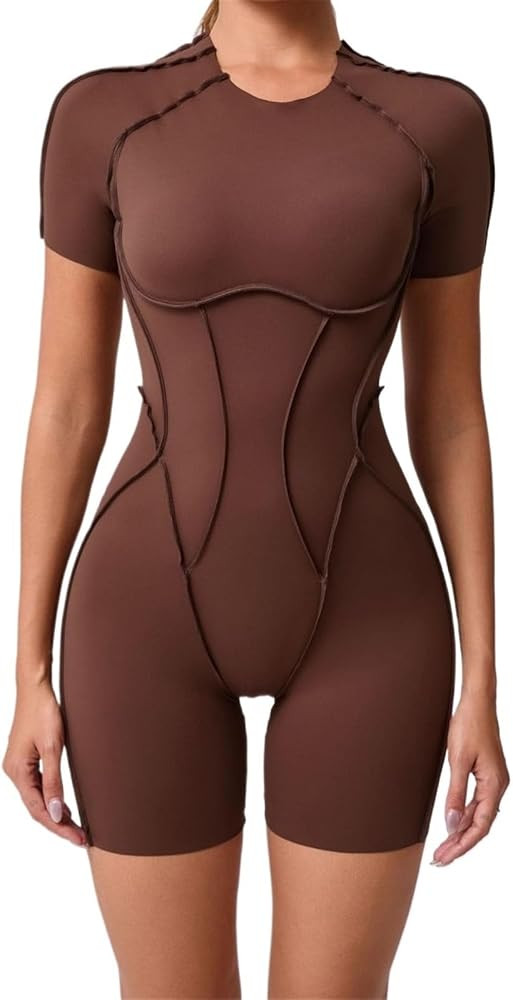 Women Short Sleeve Blackless Yoga Romper Contour Seams Padded Gym Jumpsuit Crewneck Slim Butt Lif... | Amazon (US)