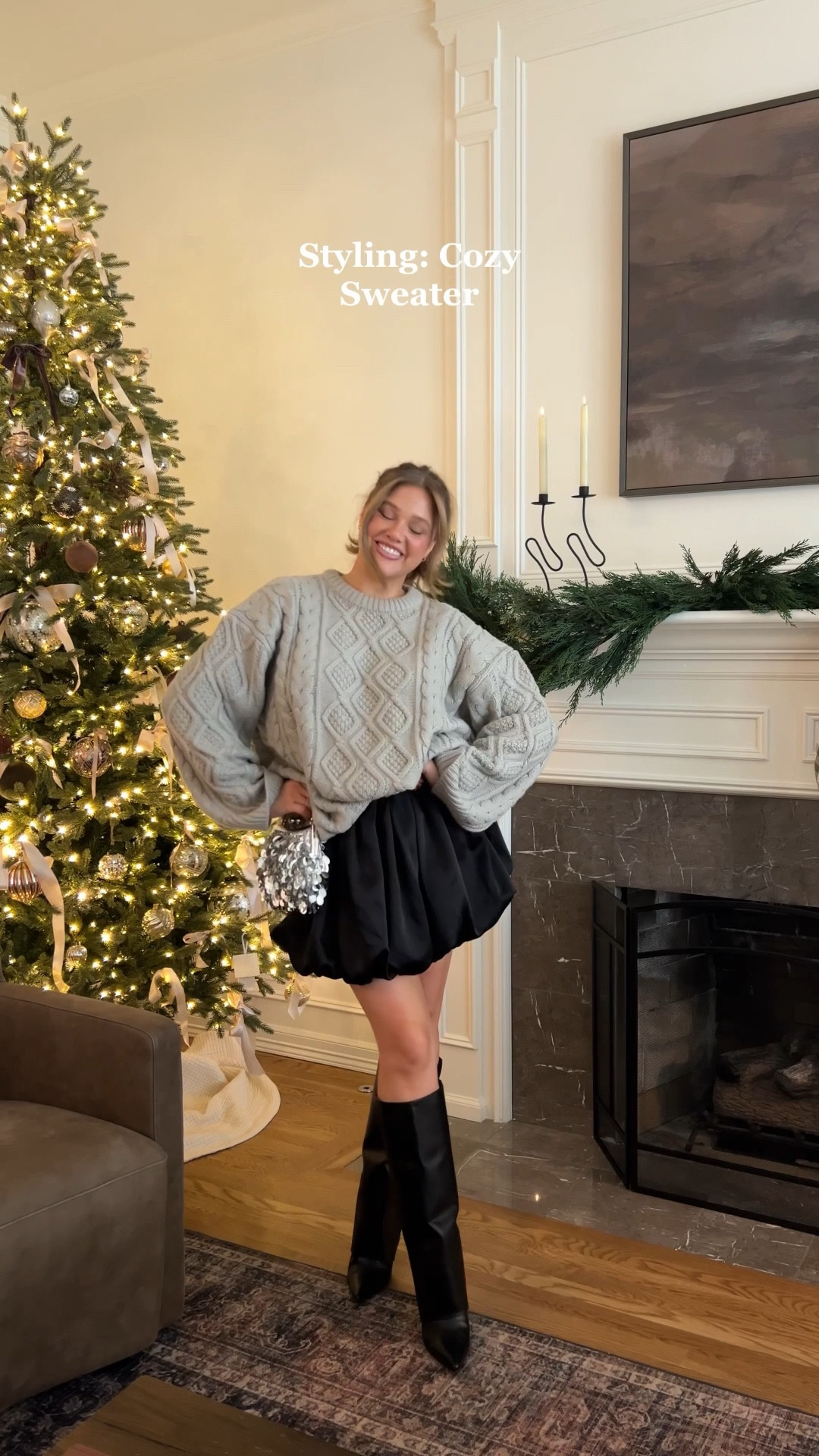 Grey oversized sweater and black bubble skirt, tall boots and a shimmery bag for the holidays! Linked similar! 

#bubbleskirt #blackboots #holidaystyle #holidayoutfit #holiday 

#LTKHoliday