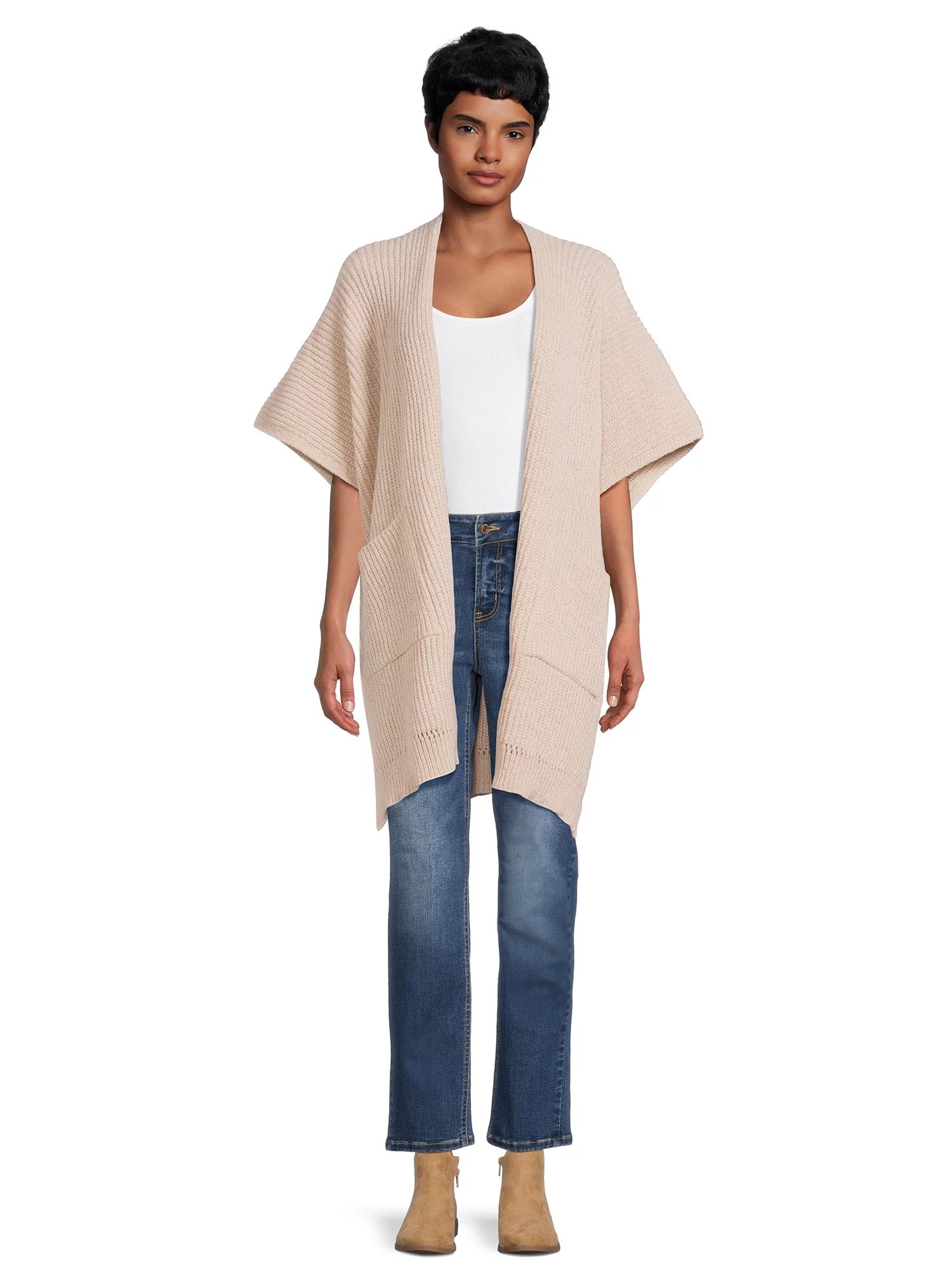 Time and Tru Women's Ribbed Sweater Cape with Pockets, One Size, Tan | Walmart (US)