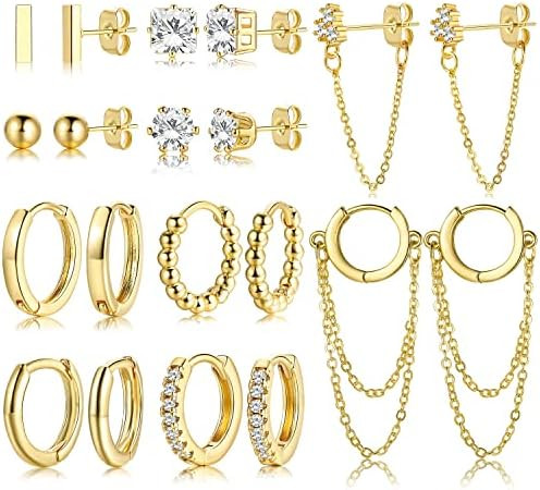 14K Small Gold Plated Hoop Studs Earrings for Women, Fashion Hypoallergenic Dainty Minimalist CZ ... | Amazon (US)