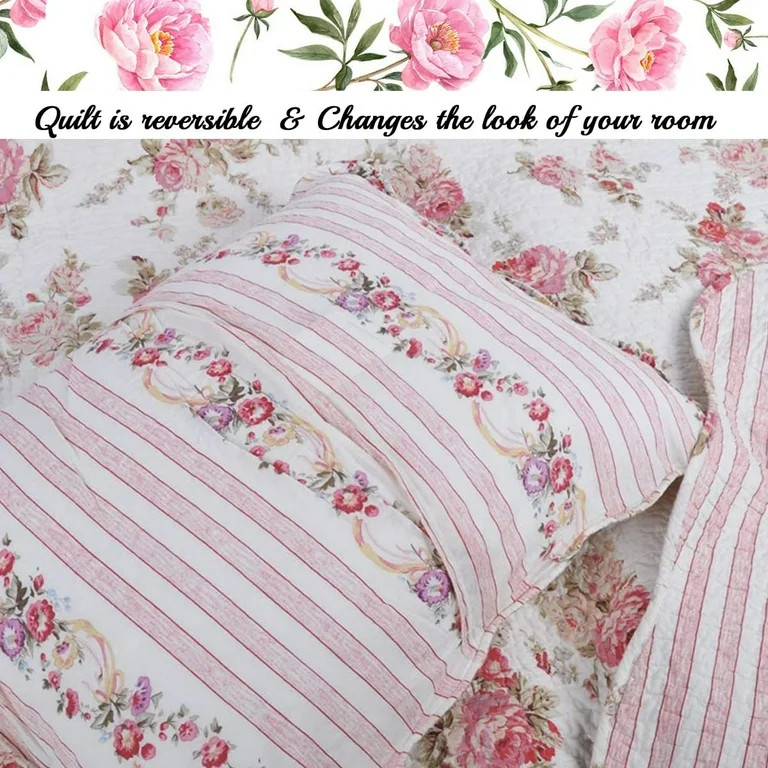 Cozy Line Home Fashions Shabby Chic Spring Rose 100% Cotton 3-Piece Quilt Set, King Set | Walmart (US)