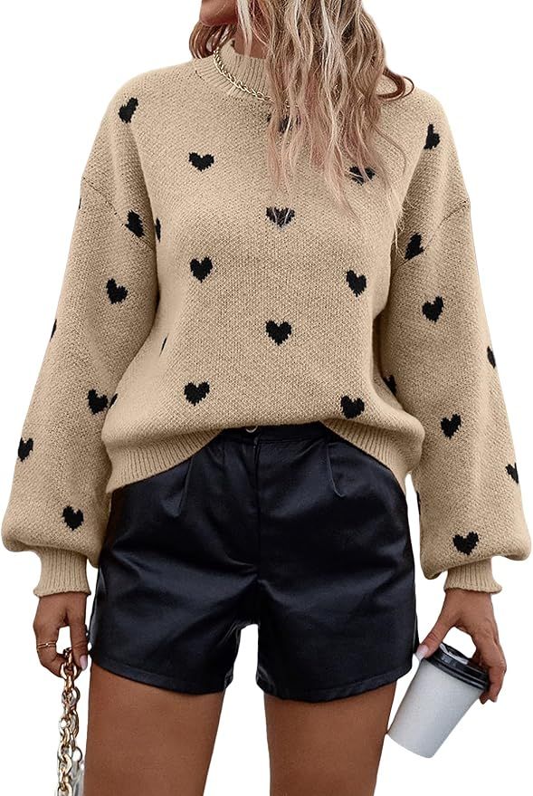 SOLY HUX Women's Heart Print Sweater Mock Neck Drop Shoulder Long Sleeve Pullover Top | Amazon (US)